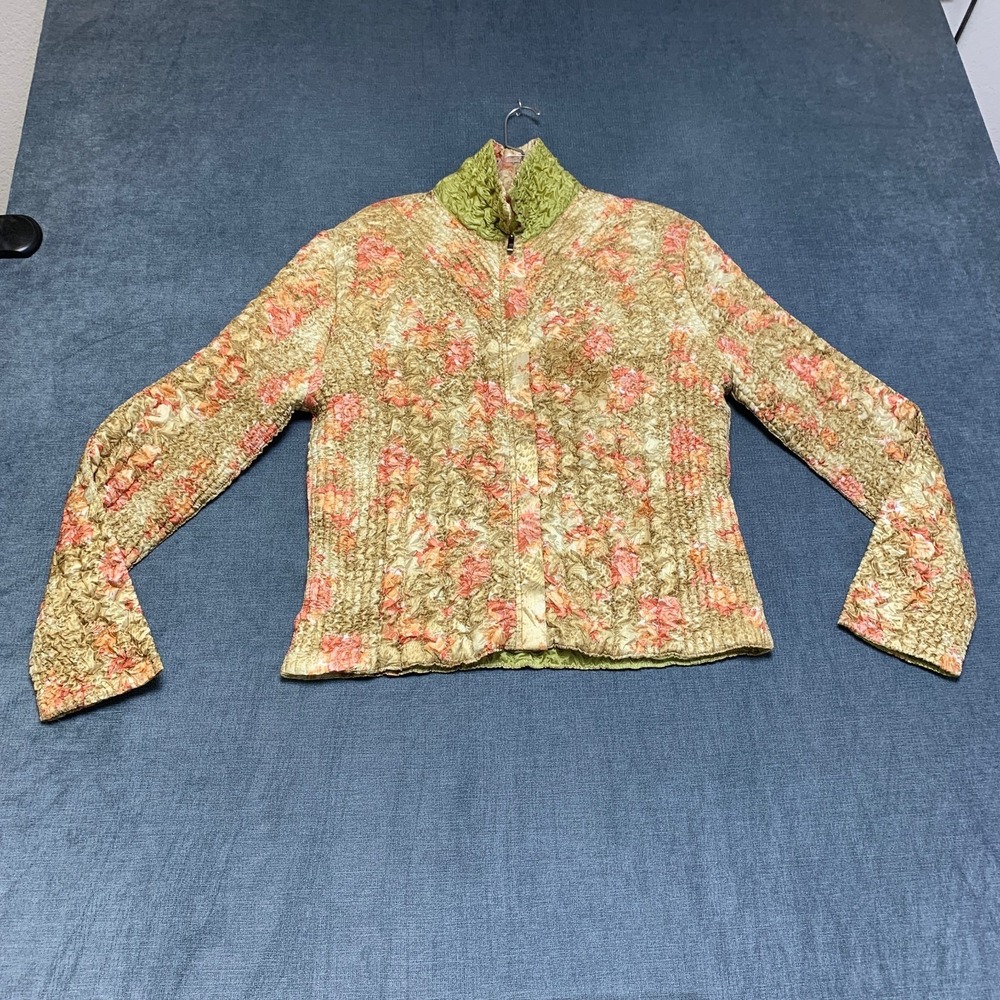 Vintage Jacket Women S Green Pink Floral Crinkle Quilted Zip Long Sleeve